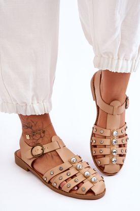 Béžové dámske pruhované sandále zdobené kamienkami