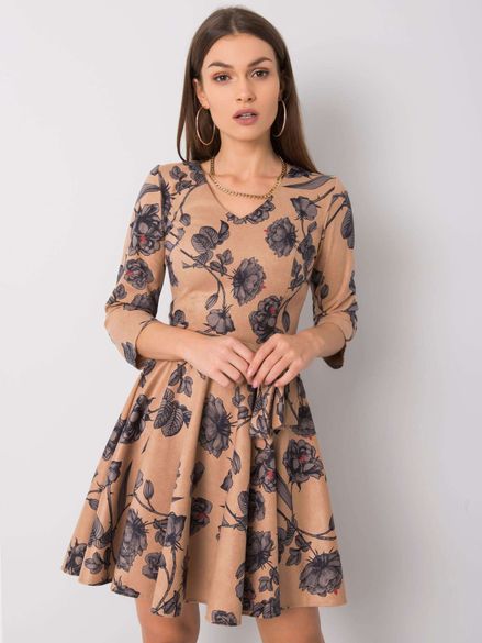 Béžové šaty s modrým kvetinovým vzorom a mašľou