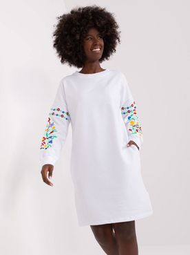 Biele bavlnené mikinové šaty s folklórnym vzorom a vreckami
