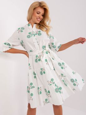 Bielo-zelené bavlnené kvetinové šaty s volánmi a opaskom