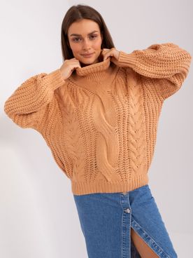 Broskyňový oversize rolákový pletený vzorovaný sveter