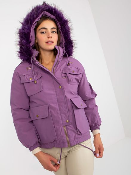Fialová bavlnená zimná bunda s kožušinkou na kapucni