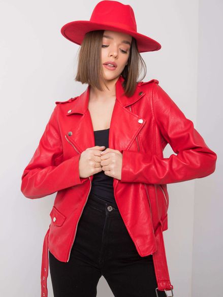 Červená bunda s opaskom z eko kože Elisa