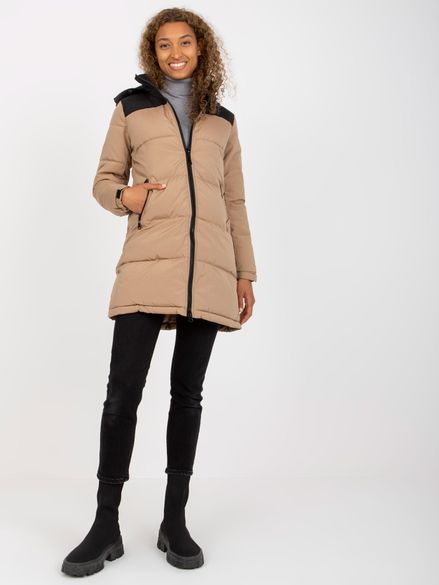 Béžovo-čierna dvojfarebná prešívaná dlhá dámska zimná bunda
