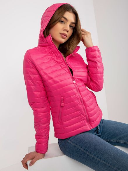 Tmavo-ružová dámska bunda do pásu s kapucňou