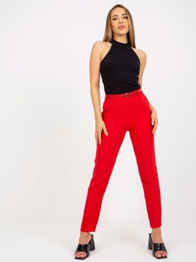 Červené elegantné látkové nohavice pre ženy so zipsom a opaskom