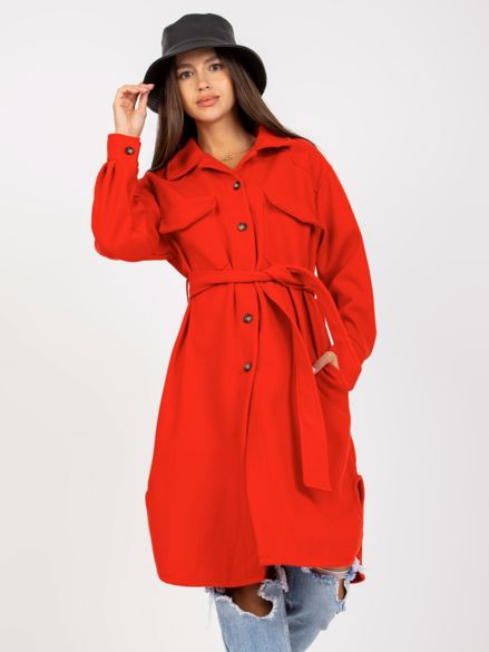 Červený dámsky košeľový kabát s opaskom