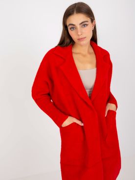 Červený vlnený dámsky kardigánový polodlhý kabát