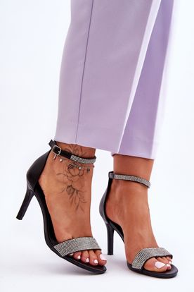 Čierne lesklé sandále pre ženy na vysokom podpätku s trblietavými kamienkami