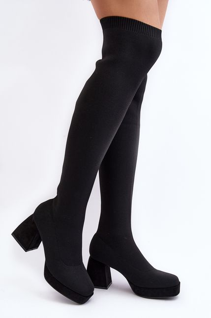 Módne dámske ponožkové čierne vysoké čižmy nad kolená na blokovom podpätku