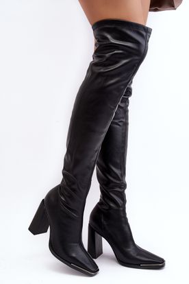 Čierne kožené dámske vysoké čižmy so zrezanou špičkou nad kolená