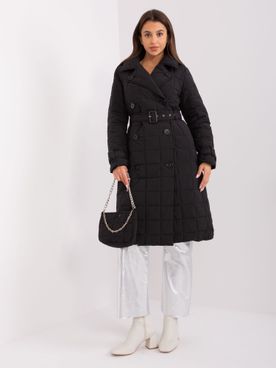 Čierna zimná prešívaná bunda s opaskom a kabelkou