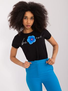 Čierne bavlnené triško s okrúhlym výstrihom a kvetinovou aplikáciu vpredu