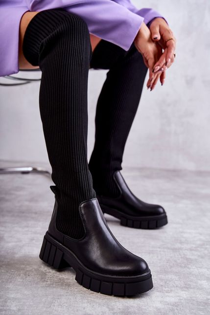 Čierne dámske vysoké pruhované čižmy s textilným zvrškom nad kolená