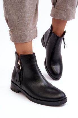 Čierne dámske členkové kožené topánky na plochých podpätkoch s ozdobným zipsom