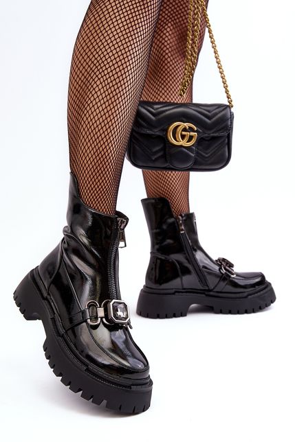 Čierne dámske platformové členkové topánky s predným zipsom a ozdobou