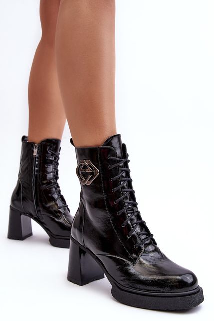 Čierne dámske vysoké kožené topánky Lemar na podpätku