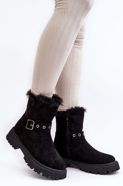 Čierne dámske zimné členkové topánky s kožušinou a prackou
