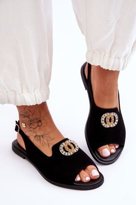 Čierne semišové kožené sandále so zdobením s kamienkami
