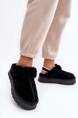 Čierne semišové papuče na platforme zateplené kožušinou