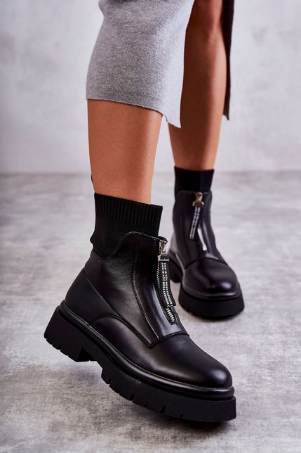 Platformové čierne dámske kožené topánky na zips s ponožkovým zvrškom