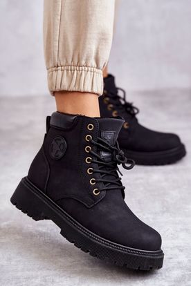 Čierne zateplené kožené outdoorové dámske topánky NEWS