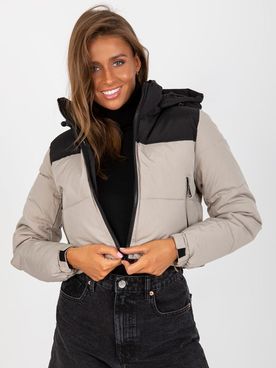 Béžovo-čierna prešívaná krátka zimná bunda s kapucňou