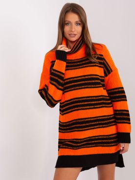 Čierno-oranžové pletené voľné šaty s golierom