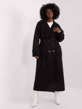 Čierny dlhý bavlnený kabát s imitáciou ovčej kožušiny