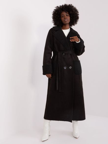 Čierny dlhý bavlnený kabát s imitáciou ovčej kožušiny