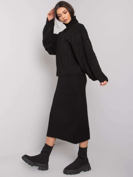 Čierny pletený sukňový komplet šiat s rolákom RUE PARIS