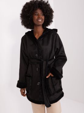 Čierny zateplený bavlnený kabát s kožušinou a kapucňou