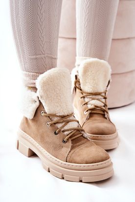 Béžové dámske zimné zateplené topánky z prírodnej semišovej kože