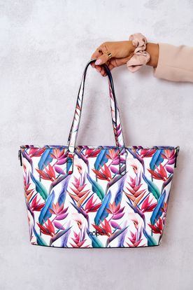 Dámska biela kabelka s farebným kvetinovým vzorom