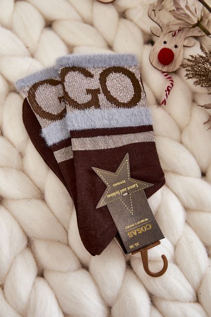Dámske hnedé mäkké teplé bavlnené ponožky GO-GO s kožušinou COSAS