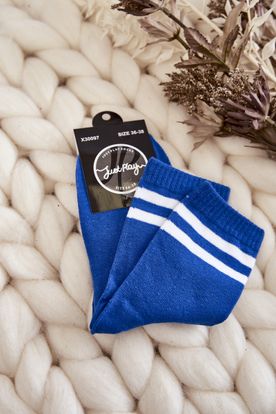 Dámske bavlnené modré športové ponožky s bielymi prúžkami