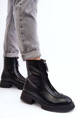 Dámske čierne kožené členkové topánky s predným zipsom