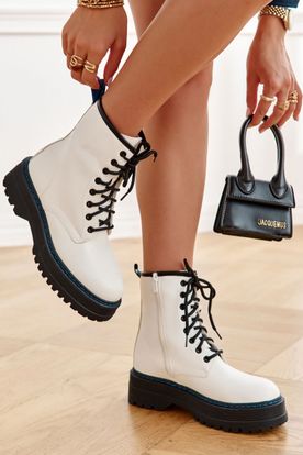 Bielo-čierne dámske platformové topánky glany na šnurovanie