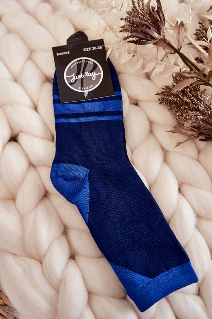 Dámske dvojfarebné tmavo-modré bavlnené ponožky s prúžkami