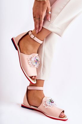 Ružové dámske sandále s ozdobou z pravej kože