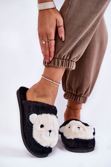 Dámske dvojfarebné čierno-béžové kožušinové papuče s medvedíkom
