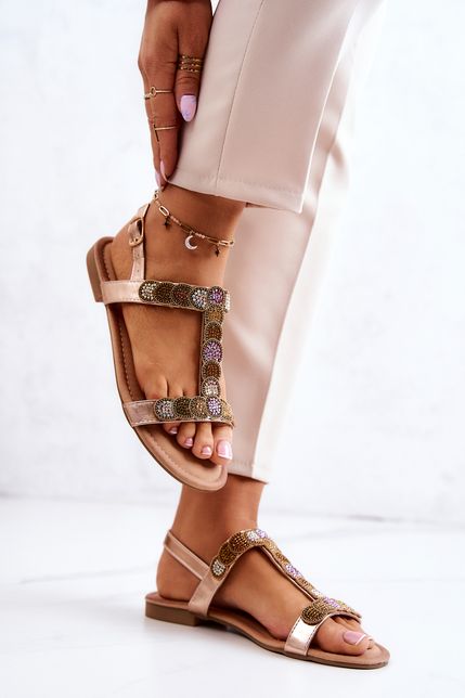 Ružovo-zlaté sandále s kamienkami na plochom podpätku