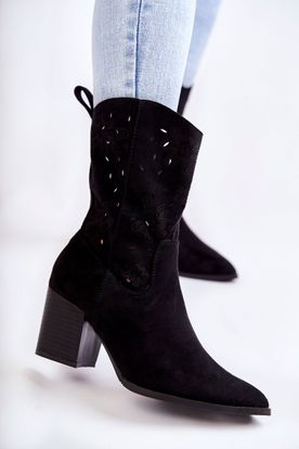 Čierne semišové kovbojské topánky s kvetinovým dierkovaným vzorom