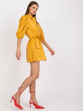 Dámske tmavo-žlté košeľové šaty s mašľovým opaskom