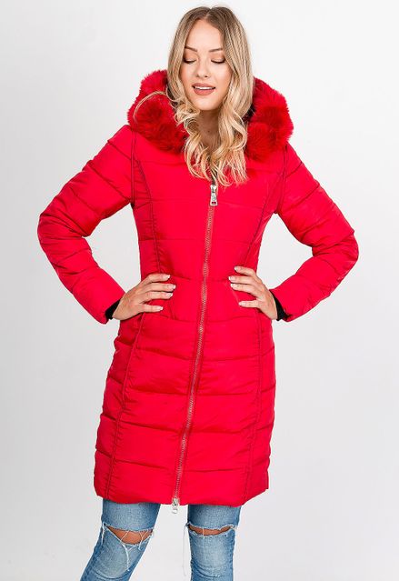 Dlhá červená prešívaná bunda s kapucňou