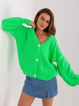 Fluo zelený vlnený sveter s gombíkmi a nafúknutými rukávmi