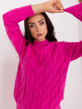 Fuchsiový rolákový bavlnený pletený sveter s vrkočovým vzorom