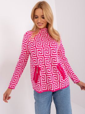 Fuchsiový rolákový vzorovaný sveter s vreckami na zips