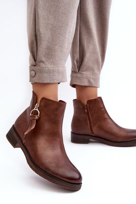 Hnedé dámske členkové kožené topánky na plochých podpätkoch s ozdobným zipsom