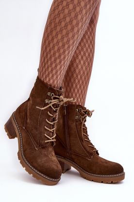 Hnedé dámske semišové šnurovacie členkové topánky na podpätkoch